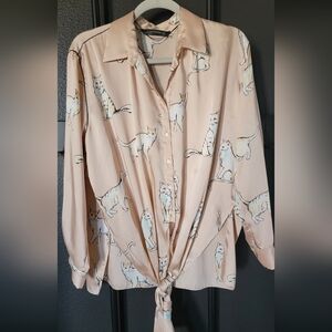 Zara Woman Beige Animal Print Blouse Cats
